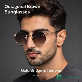 Rimless Octagon Sunglasses with Gold Detailed Temples