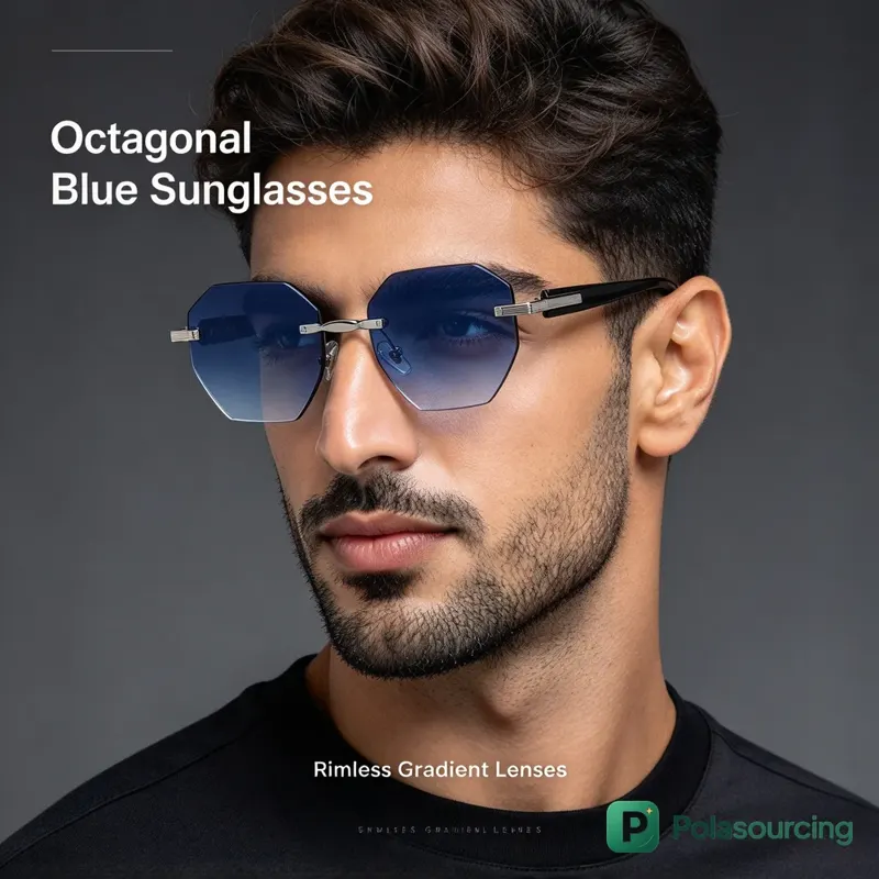 Rimless Octagon Sunglasses with Metal Bar Temples
