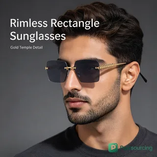 Rimless Square Sunglasses with Textured Gold Temples