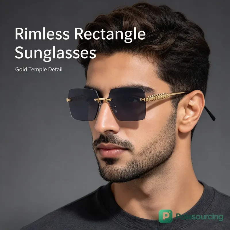 Rimless Square Sunglasses with Textured Gold Temples