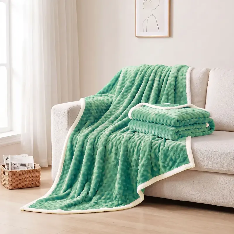 Green Jacquard Flannel Throw Blanket with Cream Trim