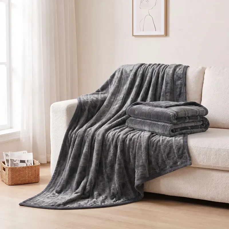 Charcoal Grey Ribbed Flannel Throw Blanket