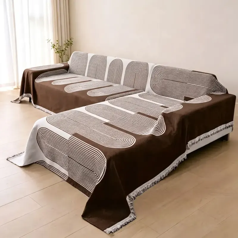 Brown Geometric Sofa Cover Throw with Tassels