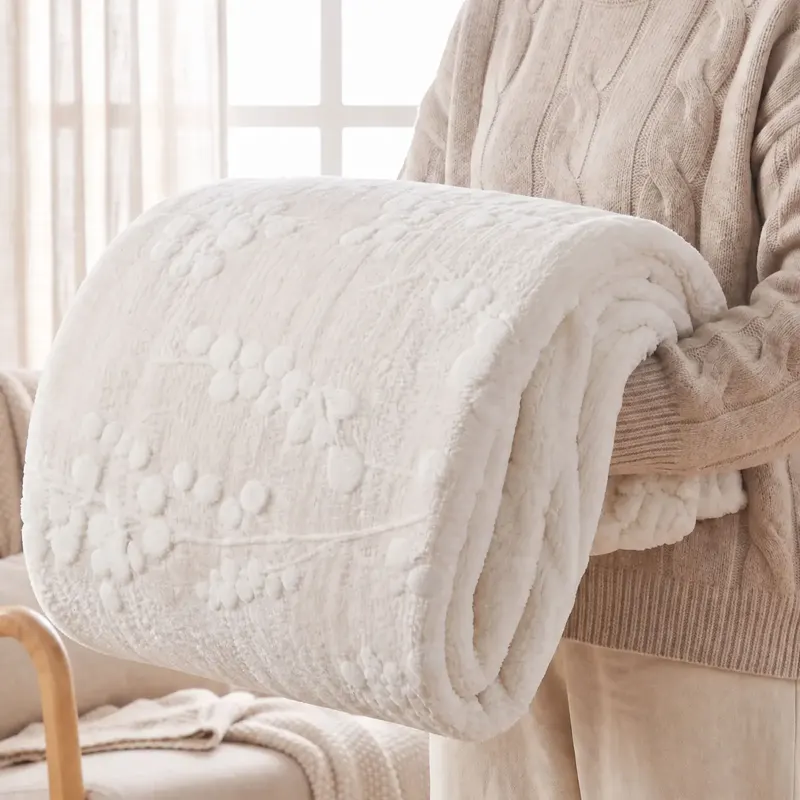 White Embossed Floral Faux Fur Blanket