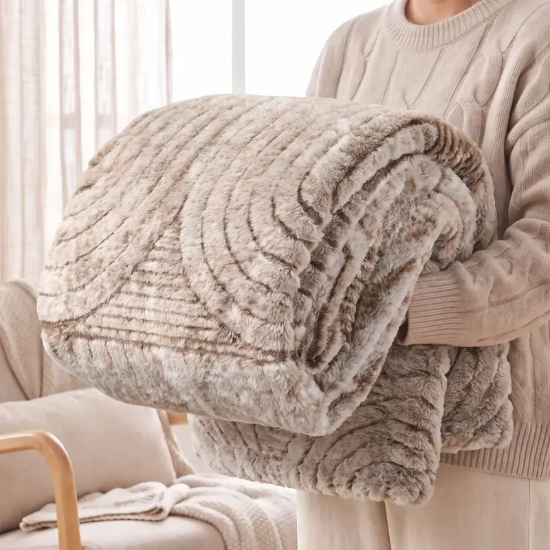 Beige Wave Pattern Faux Fur Blanket