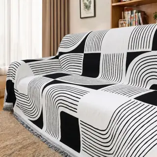 Black and White Geometric Sofa Cover Throw with Tassels