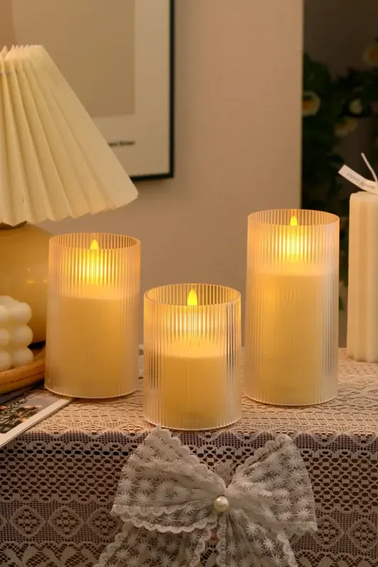 Ribbed Glass LED Flameless Candles, Set of 3