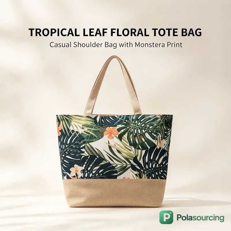 Tropical Print Canvas Tote Bag with Jute-Look Base