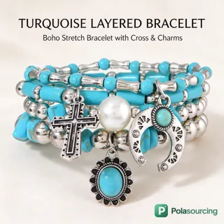 Turquoise Bead Stack Bracelets with Cross Charm