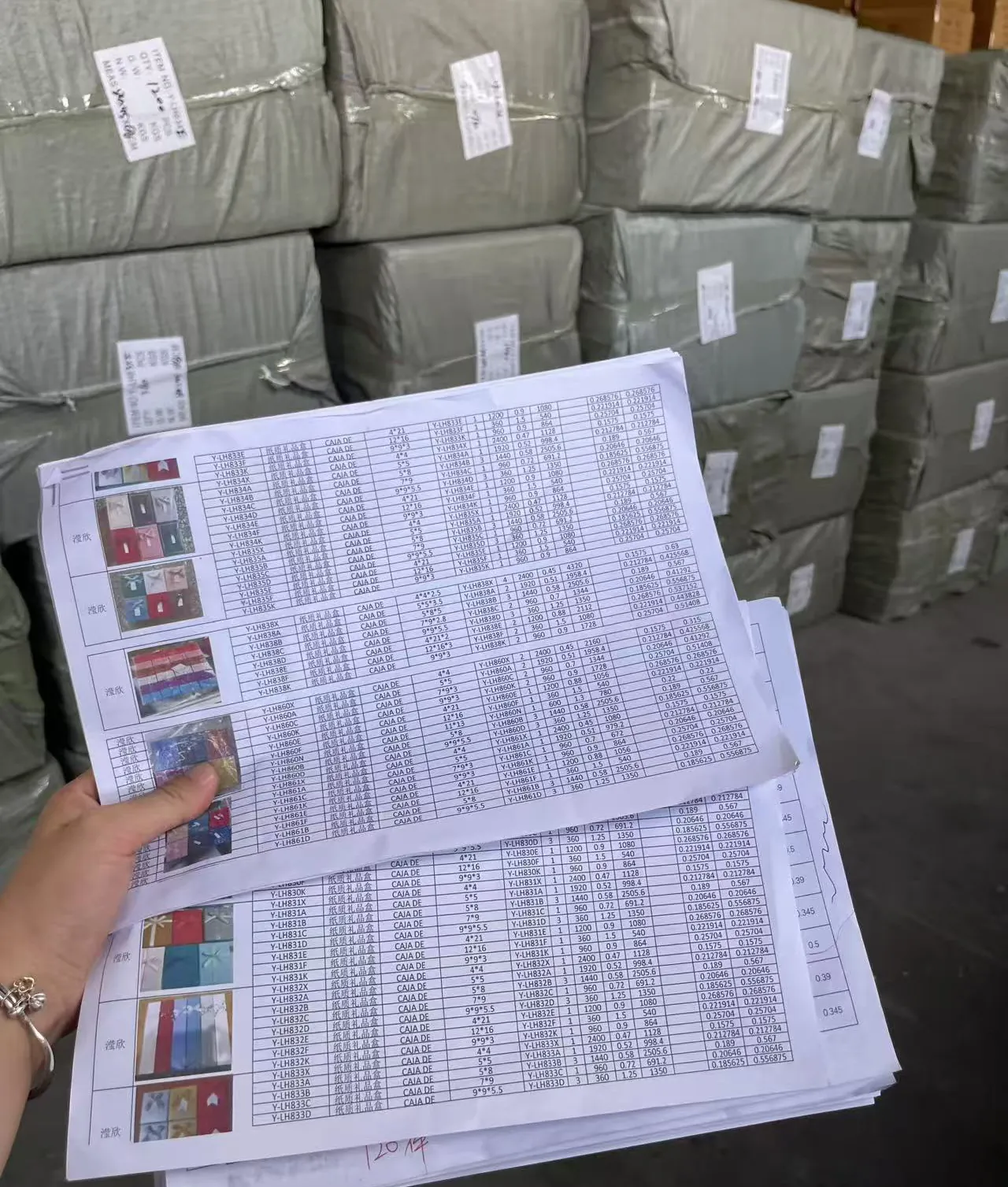 Inventory review sheet in front of packed goods
